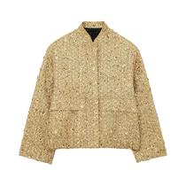 Jaqueta De Lantejoulas Douradas Para Mulheres Estilo Y2K Com Gola Alta E Manga Longa Casaco Curto Jaqueta De Lantejoulas Douradas Para Mulheres Estilo Y2K Com Gola Alta E Manga Longa Casaco Curto