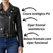 Jaqueta Feminina Biker Couro PU Preta Slim Premium Cor:PretoTamanho:P Jaqueta Feminina Biker Couro PU Preta Slim Premium Cor:PretoTamanho:P