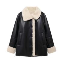 Jaqueta Feminina Casual Com Lapela Efeito Couro Dupla Face Moda Outono Inverno Solta Versátil