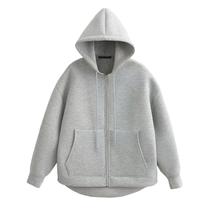 Jaqueta Feminina Cinza Com Capuz, Manga Longa, Bolsos Grandes, Zíper, Solta, Casual, Casaco Externo