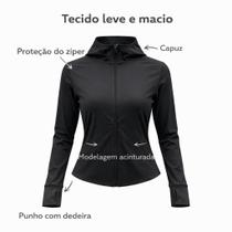 Jaqueta Feminina com Capuz e Punho com Dedeira, fitness, academia, treino, modelagem slim fit, leve e macio