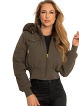 Jaqueta Feminina Cropped Peluciada em Sarja Com Capuz