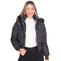 Jaqueta Feminina Curta Puffer Nylon Peluciada Com Capuz Lisa