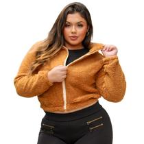 Jaqueta feminina curta teddy com brilho gola alta redonda com ziper casaquinho moletom pelucia felpudo acinturado com elastico plus size 46 ao 52
