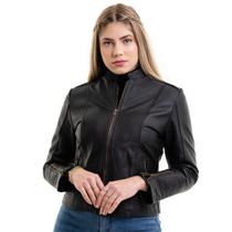 jaqueta feminina de couro legitimo com ziperes dourados - Bella