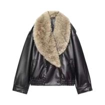 Jaqueta Feminina De Inverno Em material sintético Com Gola De Pele, Caimento Solto, Abotoamento Duplo, Jaqueta Feminina De Inverno Em material sintético Com Gola De Pele, Caimento Solto, Abotoamento Duplo,