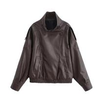 Jaqueta Feminina De material sintético PU Estilo Piloto Com Zíper E Gola Alta Casual Elegante Para Jaqueta Feminina De material sintético PU Estilo Piloto Com Zíper E Gola Alta Casual Elegante Para