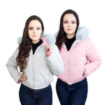 Jaqueta Feminina Dupla Face Capuz Felpudo Casaco Inverno Slim Jaqueta Feminina Dupla Face Capuz Felpudo Casaco Inverno Slim