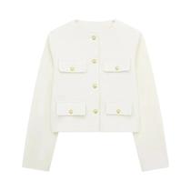 Jaqueta Feminina Elegante Cropped Com Gola O, Manga Longa E Bolsos Com Aba, Blusa Casual Da Moda
