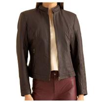 Jaqueta Feminina Javali Couro Casual Gola Padre Marrom 21104 Jaqueta Feminina Javali Couro Casual Gola Padre Marrom 21104