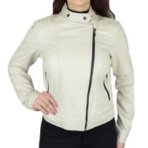 Jaqueta Feminina Javali Couro Gola Padre Creme - 01395