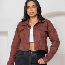 Jaqueta Feminina Jeans Marrom com Detalhe em Botão Forrado Jaqueta Feminina Jeans Marrom com Detalhe em Botão Forrado