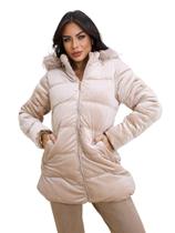 Jaqueta Feminina Parka Veludo/Peluciada Com Capuz Bege