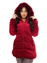 Jaqueta Feminina Parka Veludo/Peluciada Com Capuz Vermelho