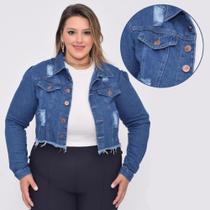 Jaqueta Feminina Plus Size Jeans Cropped Curta Jeans Feminina Destoyed Plus Size com Barra Desfiada