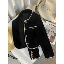 Jaqueta Feminina Preta Vintage De Tweed Acolchoada Estilo Coreano Curta Blazer De Inverno