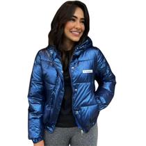 Jaqueta Feminina Puffer Azul Metalizada com Capuz Moiadeiros