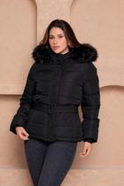 Jaqueta Feminina Puffer com Cinto e Capuz Peluciado Forrada COR:PRETOTAMANHO:G