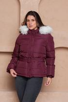 Jaqueta Feminina Puffer com Cinto e Capuz Peluciado Forrada COR:VINHOTAMANHO:M
