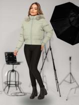 Jaqueta feminina Puffer de couro Moda Outono Inverno Verde Claro