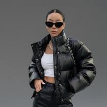 Jaqueta Feminina Puffer de Couro PU com Capuz Jaqueta Feminina Puffer de Couro PU com Capuz