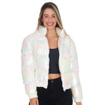 Jaqueta Feminina Puffer Metalizada Curta Com Capuz Bolsos