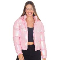 Jaqueta Feminina Puffer Metalizada Curta Com Capuz Bolsos