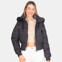 Jaqueta Feminina Puffer Nylon Peluciada Curta Com Capuz