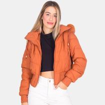 Jaqueta Feminina Puffer Nylon Peluciada Curta Com Capuz