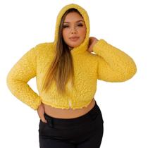 Jaqueta feminina teddy com capuz e zíper casaquinho curto sherpa pelúcia de manga longa M G1 - 38 ao 52