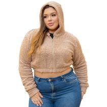 Jaqueta feminina teddy com capuz e zíper casaquinho curto sherpa pelúcia de manga longa M G1 - 38 ao 52