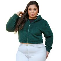 Jaqueta feminina teddy com capuz e zíper casaquinho curto sherpa pelúcia de manga longa M G1 - 38 ao 52