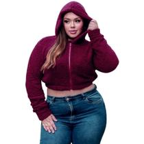 Jaqueta feminina teddy com capuz e zíper casaquinho curto sherpa pelúcia de manga longa M G1 - 38 ao 52