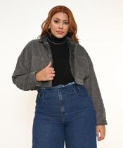 Jaqueta Feminina Veludo Cropped Plus Cinza com Pelo Razon Jeans