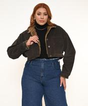 Jaqueta Feminina Veludo Cropped Plus Marrom com Pelo Razon Jeans