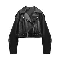 Jaqueta Feminina Vintage De material sintético Estilo Motoqueiro Solta Lavada Com Zíper E Cinto Jaqueta Feminina Vintage De material sintético Estilo Motoqueiro Solta Lavada Com Zíper E Cinto