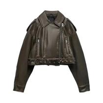 Jaqueta Feminina Vintage De material sintético Estilo Motoqueiro Solta Lavada Com Zíper E Cinto Jaqueta Feminina Vintage De material sintético Estilo Motoqueiro Solta Lavada Com Zíper E Cinto
