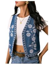 Jaqueta floral jeans bordada feminina Vest GORGLITTER Jaqueta floral jeans bordada feminina Vest GORGLITTER