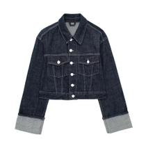 Jaqueta Jeans Azul Feminina Com Bolsos, Abotoamento Simples, Gola Vintage, Mangas Longas, Look