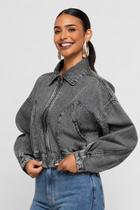 Jaqueta Jeans College Bomber Cinza Jaqueta Jeans College Bomber Cinza