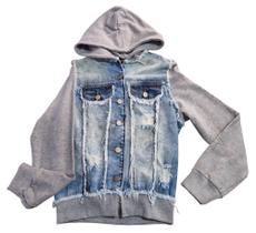 Jaqueta Jeans com manga e capuz de moletom com brilho