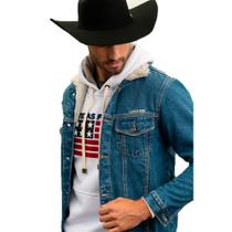 Jaqueta Jeans Country Masculina Pelo na Gola - Texas Farm Lançamento