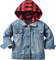 Jaqueta jeans Cromoncent Boys Kids com capuz e xadrez vermelho 3-4T