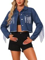 Jaqueta jeans cropped feminina CIMUK com franjas