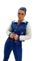 Jaqueta Jeans Escura Destroyed Feminina Peluciada Blogueira - Xeiro de Xiclete