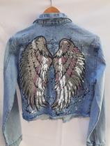Jaqueta Jeans Feminina Asa de Anjo Prata Tamanho M Jaqueta Jeans Feminina Asa de Anjo Prata Tamanho M