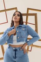 Jaqueta Jeans Feminina Cargo Desfiada Marmorizada Mamacita