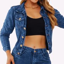 Jaqueta Jeans Feminina Clássica sem Lycra com Botões Metálicos Valoriza o Corpo
