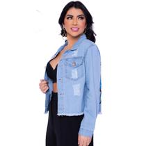 Jaqueta Jeans Feminina Clean Básica com Detalhes em Destroyed e Estampa nas Costas Tendência Jaqueta Jeans Feminina Clean Básica com Detalhes em Destroyed e Estampa nas Costas Tendência