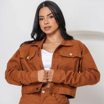 Jaqueta Jeans Feminina Collor Marrom Cargo com Bolsos Fole Jaqueta Jeans Feminina Collor Marrom Cargo com Bolsos Fole
